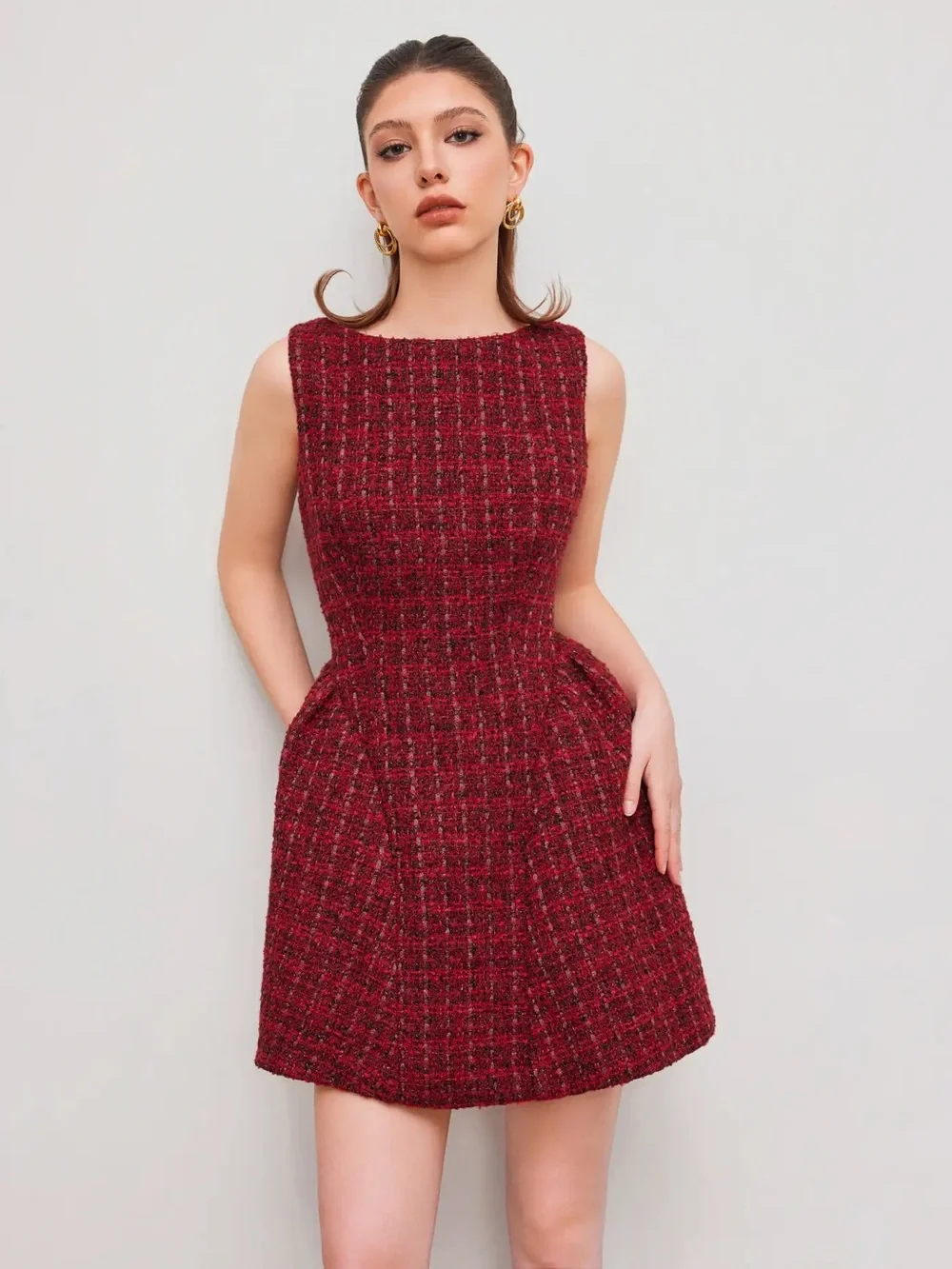 CIDER TWEED BOAT NECK MINI DRESS RED Size XS